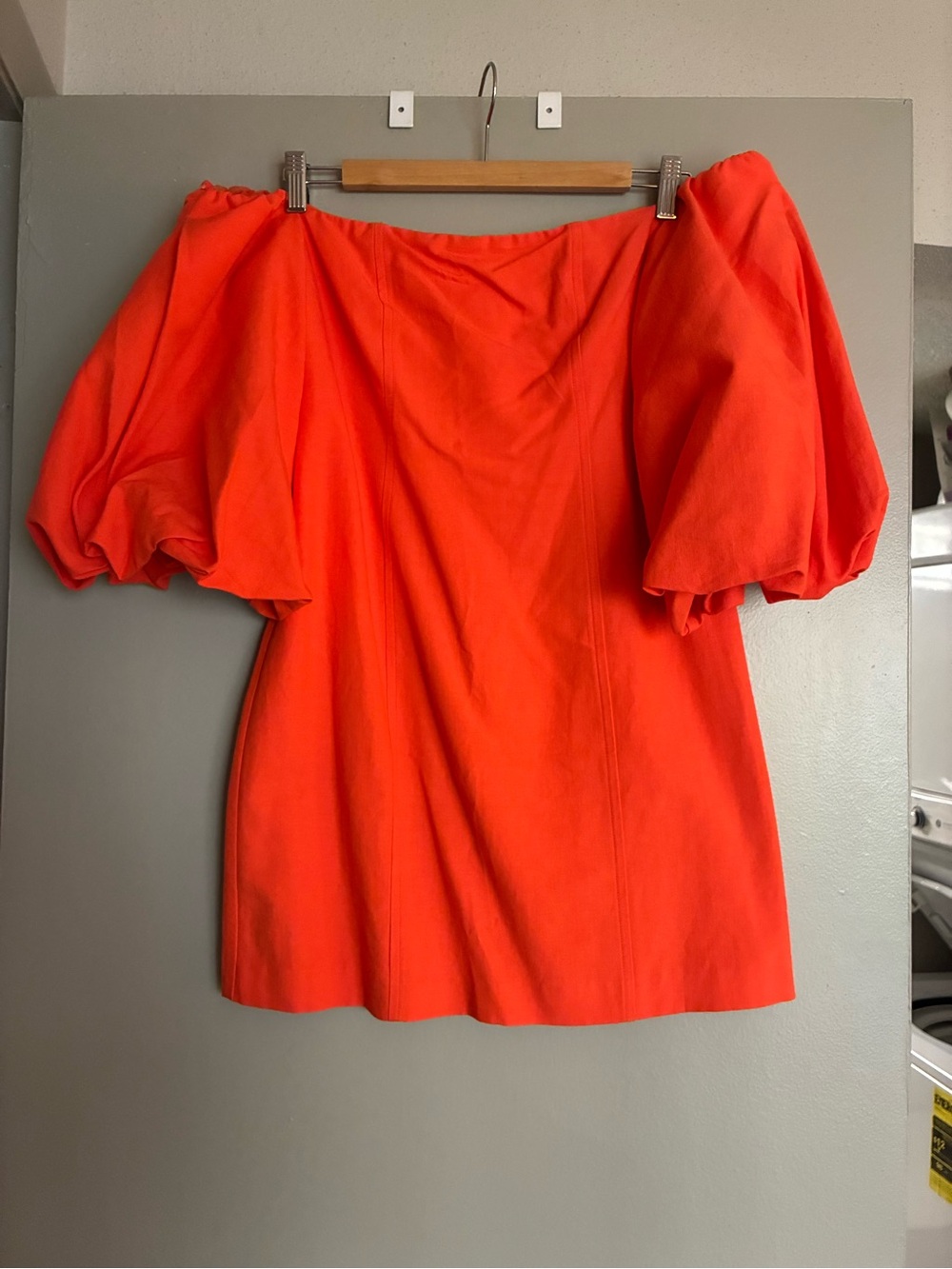Mango Bright Orange Off-Shoulder Mini Dress with Puff Sleeves